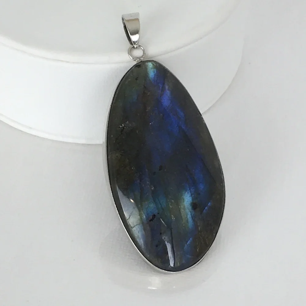Labradorite Blue Green Flash Large Pendant Oval Natural Stone Silver Metal Wrap